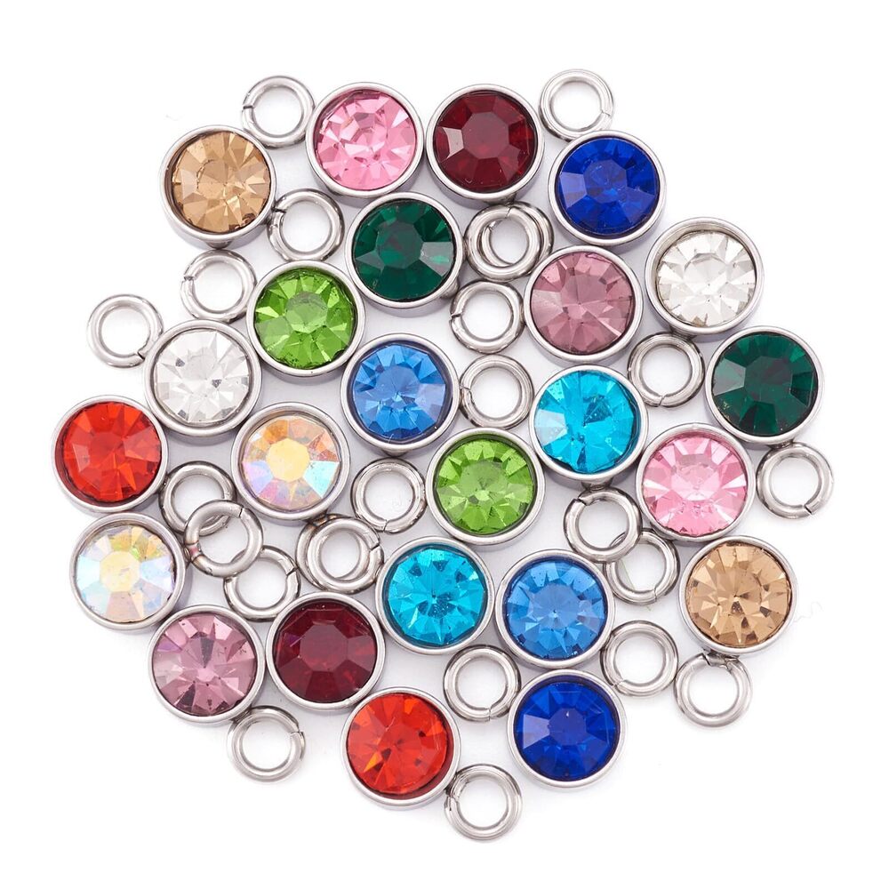 7648 24pcs Birthstone Bracelet Charms Flat Round Dangle Earring Pendants